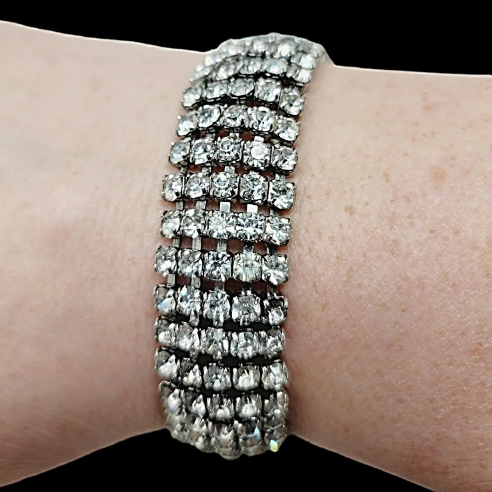 Vintage Five Row Rhinestone Domed Silver Tone Bracelet 7"